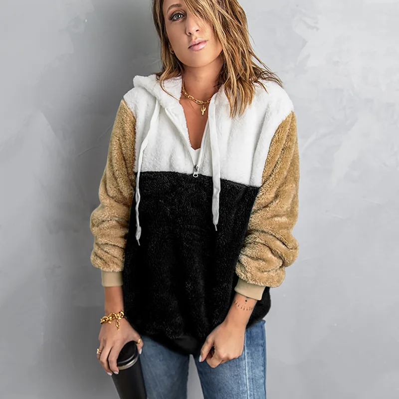 

Contrast Color Sweatshirt Women's Autumn and Winter Zipper Half Cardigan Long Sleeve Hooded Sweater Women