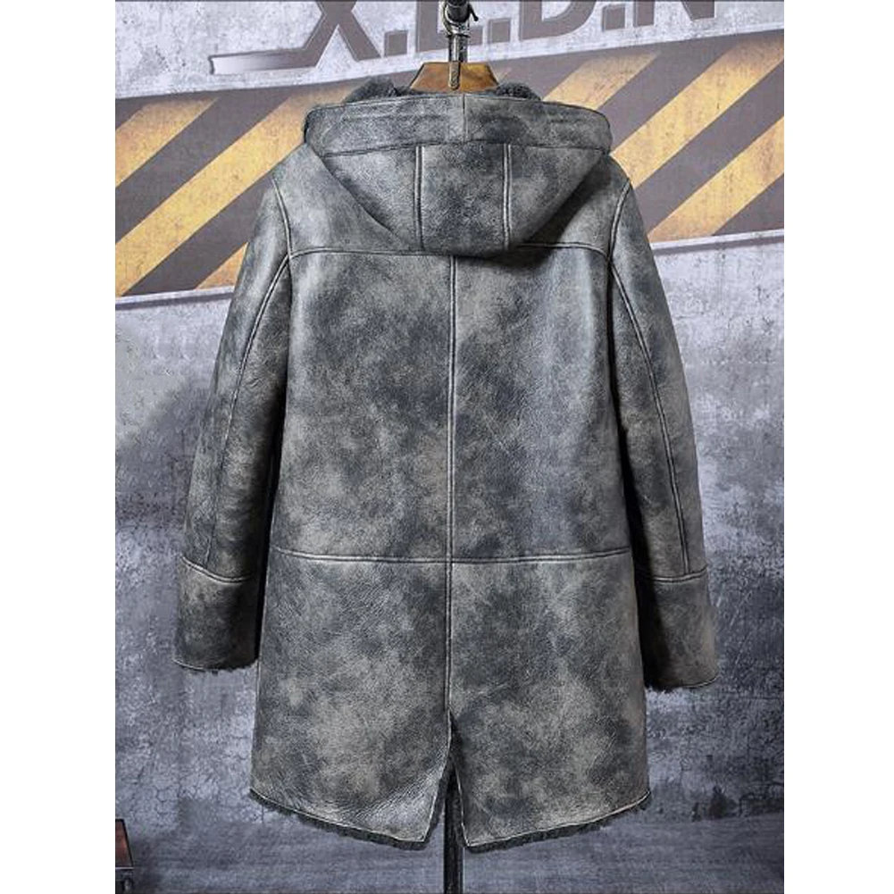 2019 New Mens Gray Sheepskin Shearling Jacket Long Leather Jacket Hooded Fur Coat Fashion Winter Mens Coats Trench Coat