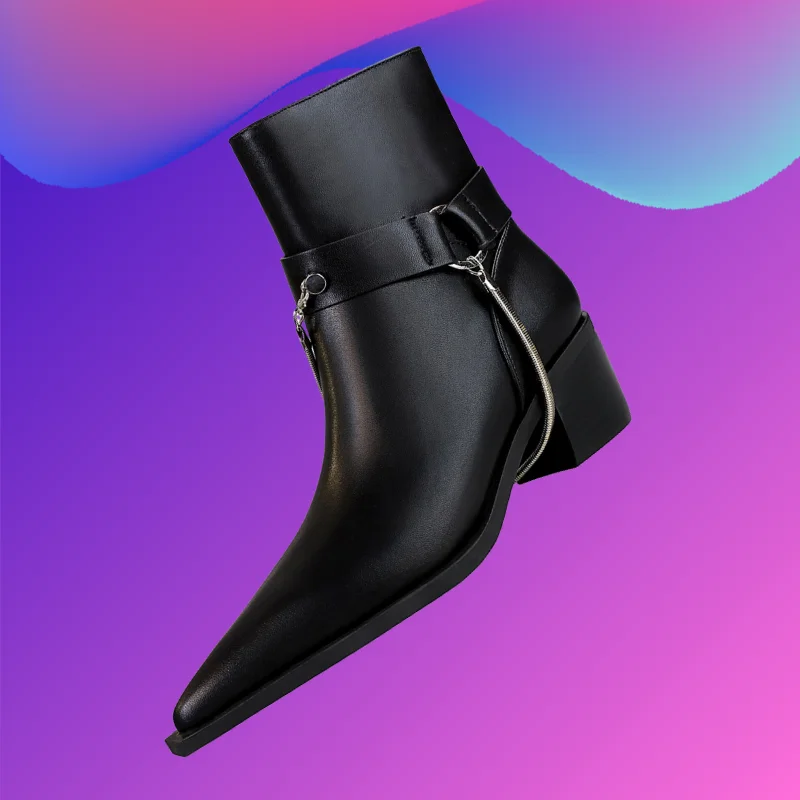 

Retro Style Thick Heel Women Boots High Heels Pointed Toe Metal Chain Decoration Fashion Trend Short Shoes Modern Boots 34-40