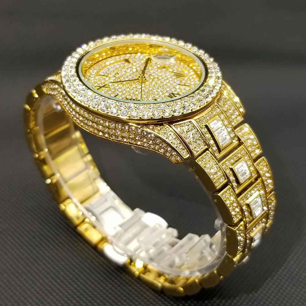 MISSFOX Hip Hop Diamond Mens Watches Luxury Gold Stainless Steel Quartz Watch Week Display Auto Date Day Iced Out Clock 2021 New