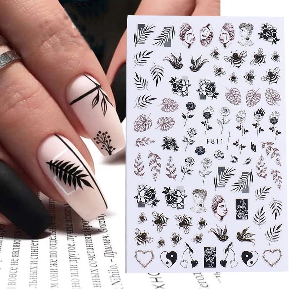 3D Black White Rose Flower Nail Sticker Abstract Women Face Leaf Line Image Self Adhesive Slider Decals Winter Decoration NTF807