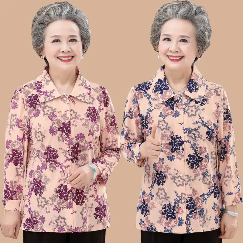 Middle-aged Elderly Women\'s Shirts 2022 New Spring Summer Autumn Long Sleeve Printed Shirts Blouse Loose Casual Female Tops 5XL