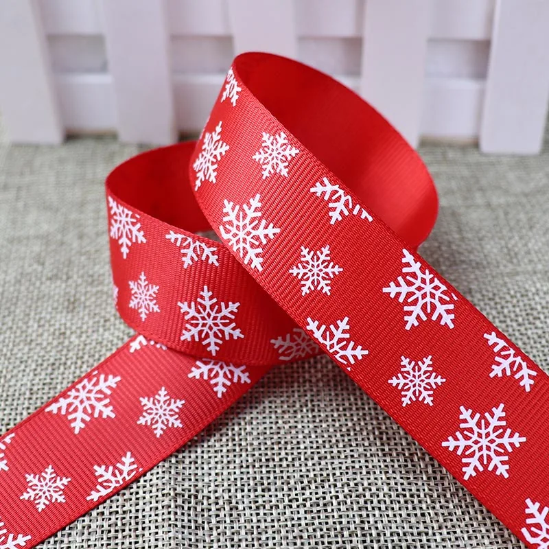 25mm 5 Yards Snowflake Pattern Christmas Ribbon Grosgrain Ribbon For Christmas Wedding Party Decoration Gift Wrapping DIY Bows