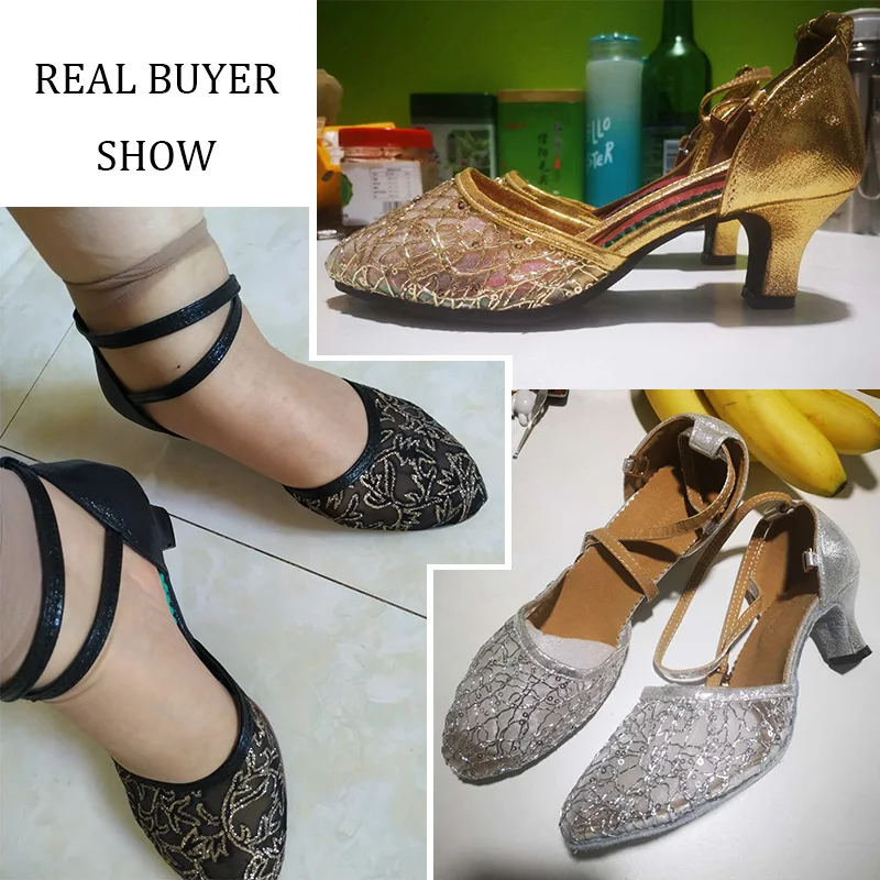 Zapatos de tacón alto con purpurina para mujer, calzado de baile latino, Tango, salsa, Tap, color negro