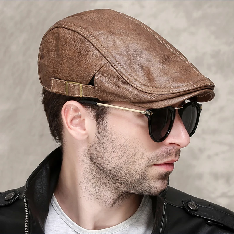 Men Street Bonnet Genuine Leather Beret Male Thin Hats 55-60 cm Adjustable Forward Cap Leisure Duckbill Casquette Cowhide