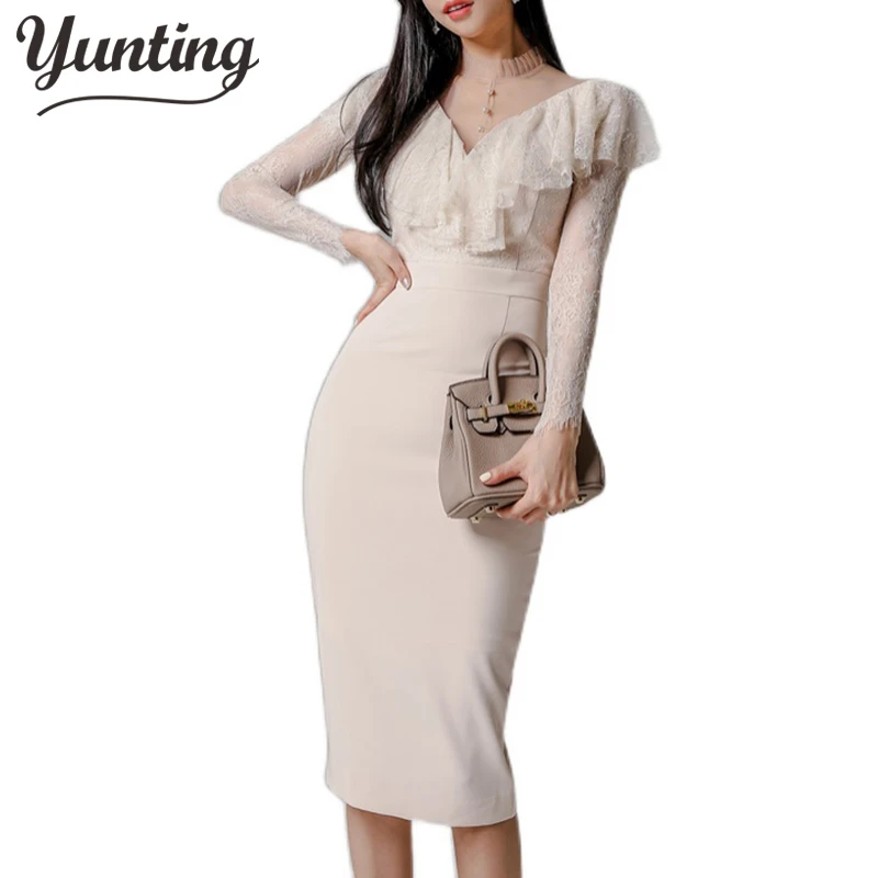 

Office Lady Sheath Pencil Dress Women Dresses Lace Patchwork Long Sleeve Knee-leng Slim Vestidos