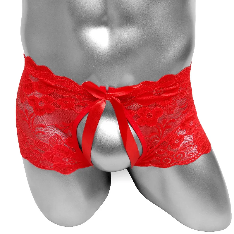 Crotchless Mens Lace Boxers Shorts Underwear See Through Bowknot Sexy Sissy Lingerie Panties Bikini Male Briefs Underpants