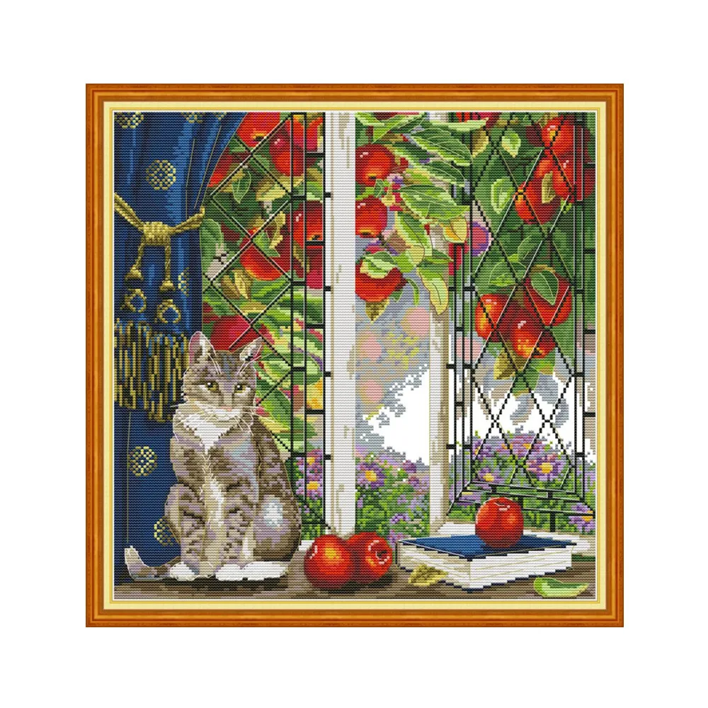 Cat on the windowsill 2 cross stitch kit aida 14ct 11ct count print canvas cross stitches   needlework embroidery DIY handmade