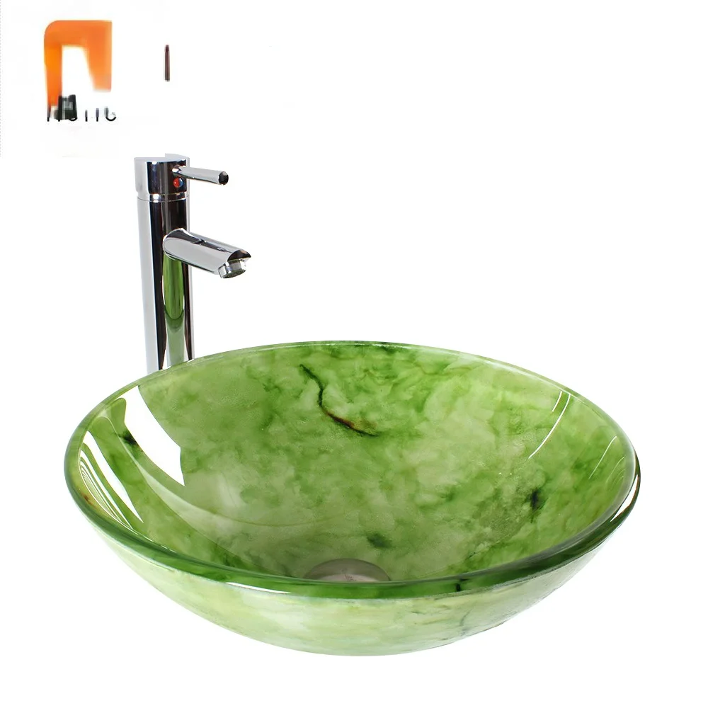 Lavabo de vidrio de forma redonda, Lavabo de vidrio de color verde, tocador, productos sanitarios t de Guandong foshan