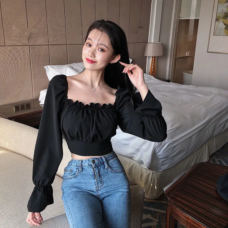 Blouses Women Black Puff Sleeve Sexy Ladies Lovely Trendy Slim Cropped Top Summer New Arrival Square Collar Chiffon Elegant Ins