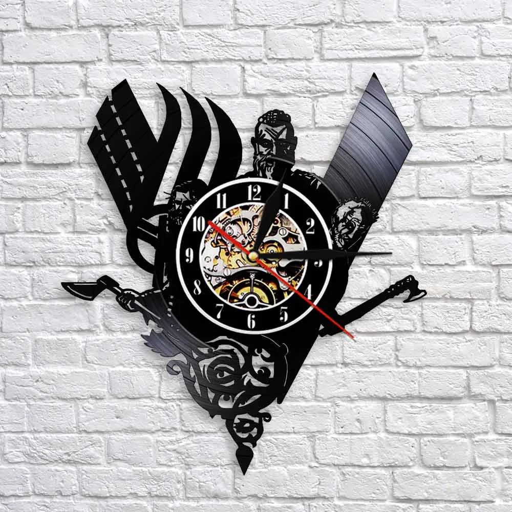 Viking Compass Wall Clock Watch Vintage Hanging Vinyl Record Wall Clocks Mysterious Norse Magick Wall Art Decor For Living Room