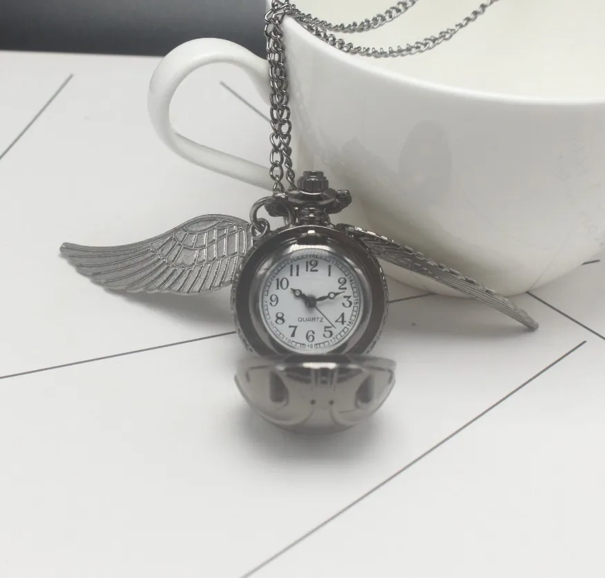 Retro Snitch Ball Shaped Potter Quartz Pocket Watch Fashion Sweater Angel Wings Necklace Chain Gifts for kids