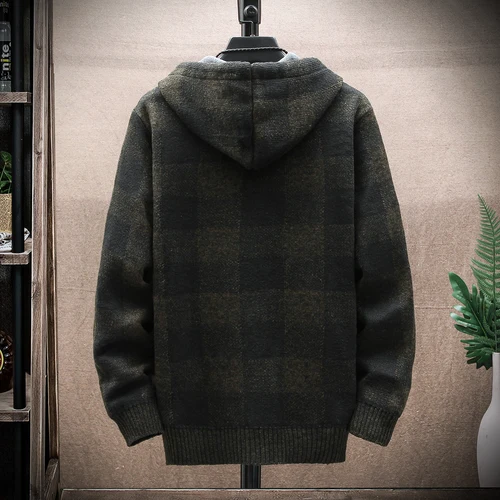 Imagen 2 del producto Nuevo suéter a cuadros de invierno para hombre, cárdigan con capucha, abrigo frío, chaqueta de lana con cremallera, ropa cálida de lana para otoño, Jersey de punto a cuadros