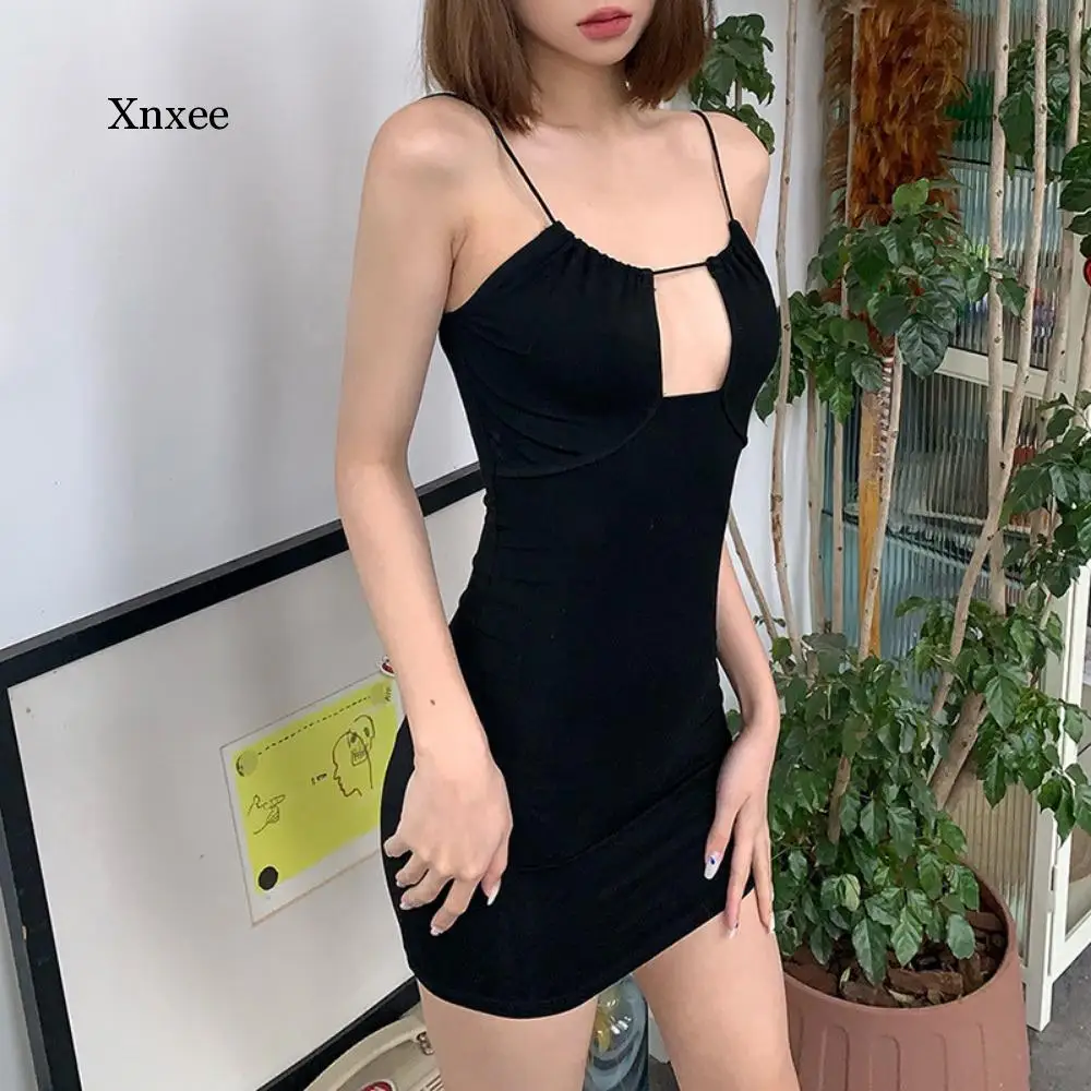 2021 Sexy Black Dress Hollow Out Backless Mini Bodycon Dress Adjustable Spaghetti Strap Streetwear Casual Clothing