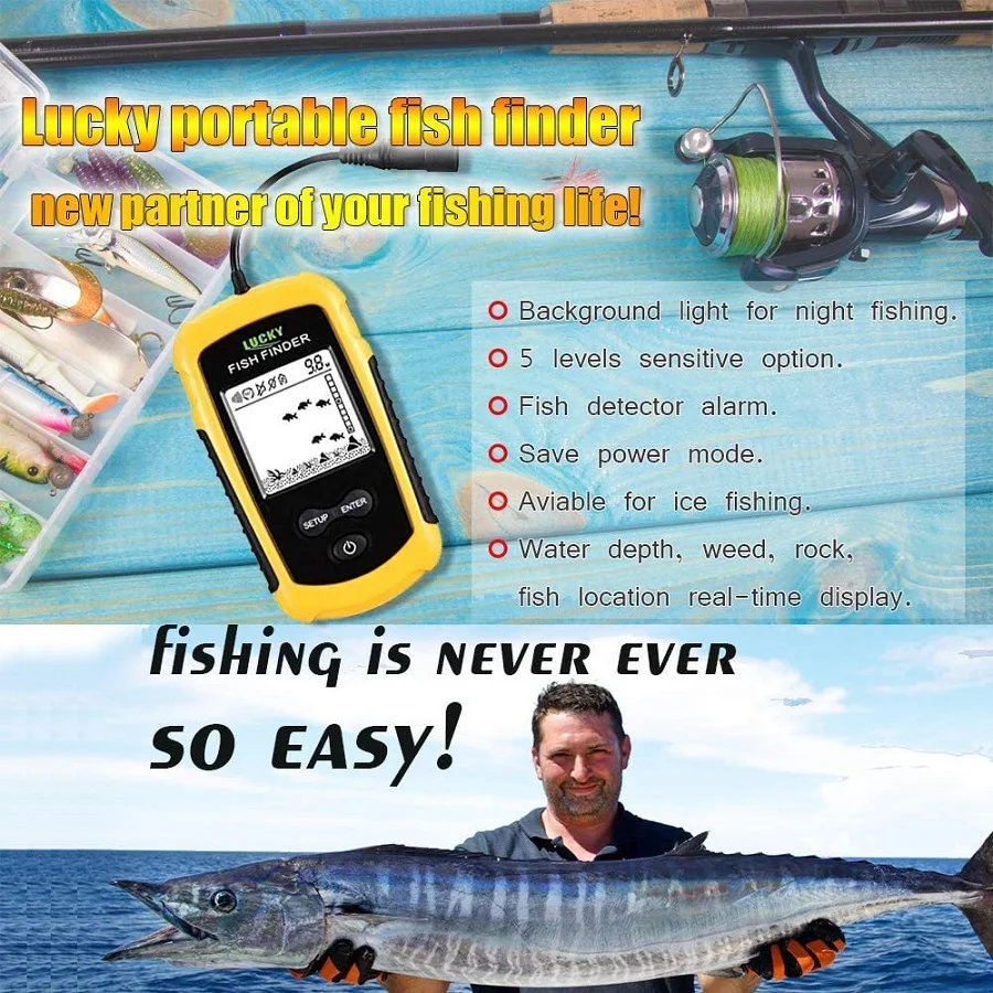 LUCKY FF1108 Wired Fish Finder Sonar Sensor Alarm Transducer Water Deeper Depth Finder Portable Fish Finder Sonar for Fishing