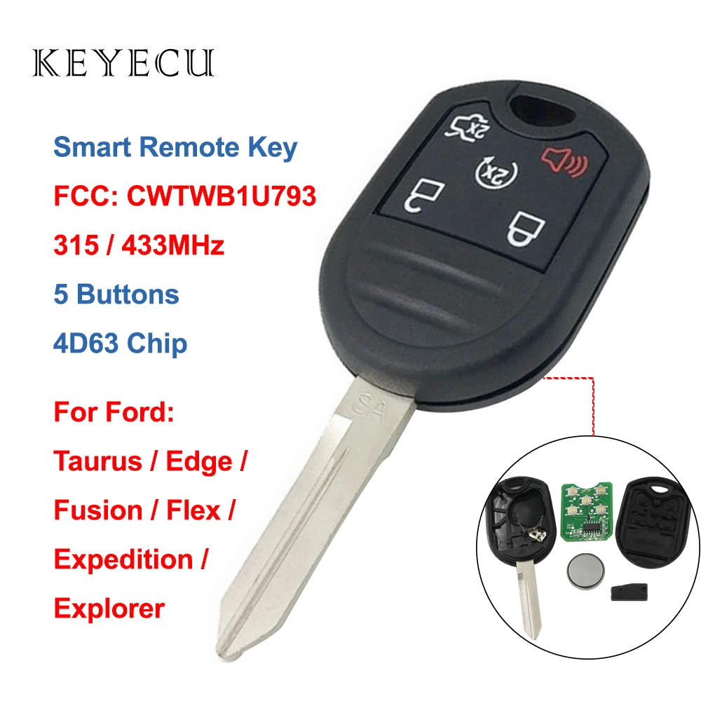 Keyecu 5 Buttons Remote Car Key Fob 315 / 433MHz 4D63 Chip for Ford Explorer Expedition Taurus Edge Fusion Flex - CWTWB1U793