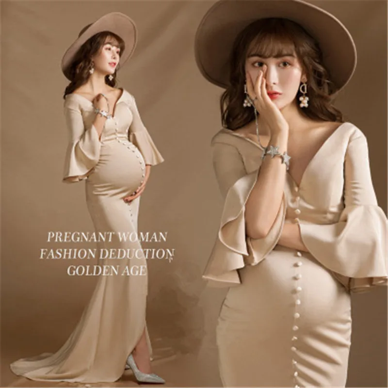 Light Beige Pregnancyformal Party Wedding Clothes Dress+hat Two-pieces Set Maternity Photography Props Mermaid Dress for Women