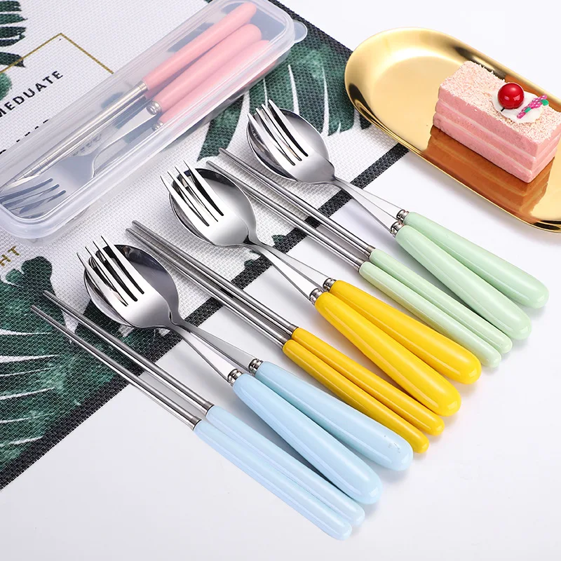 Stainless steel tableware set ceramic handle spoon Fork chopsticks three-piece set portable gift box cutlery set