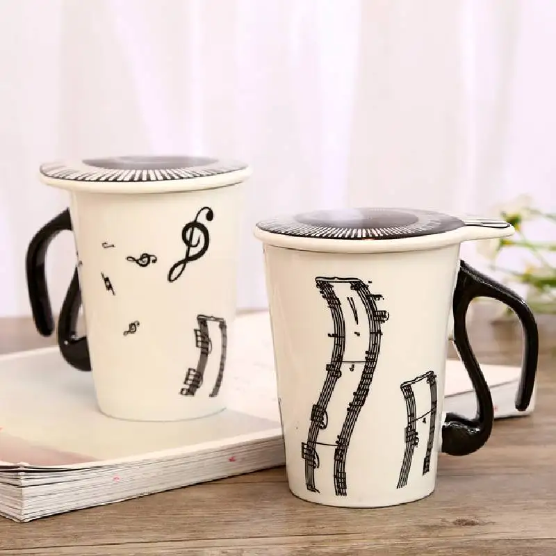 Creative Ceramic Mug with Cup lid Coffee Cup Piano Musical Note Coffee Mugs Tea Cup Porcelain Travel Cup For Milk Mug