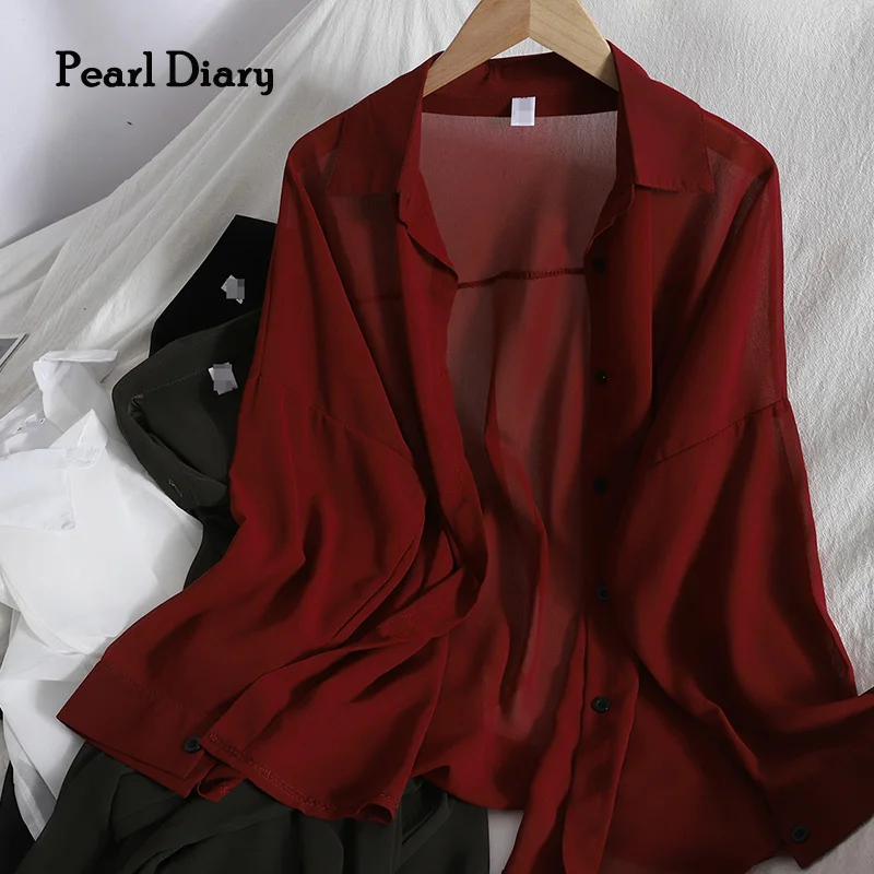 

Pearl Diary Women Spring Summer Beach Chiffon Tops Button Up Sheer Long Sleeve Beach Cover Up Solid Color Chiffon Blouse