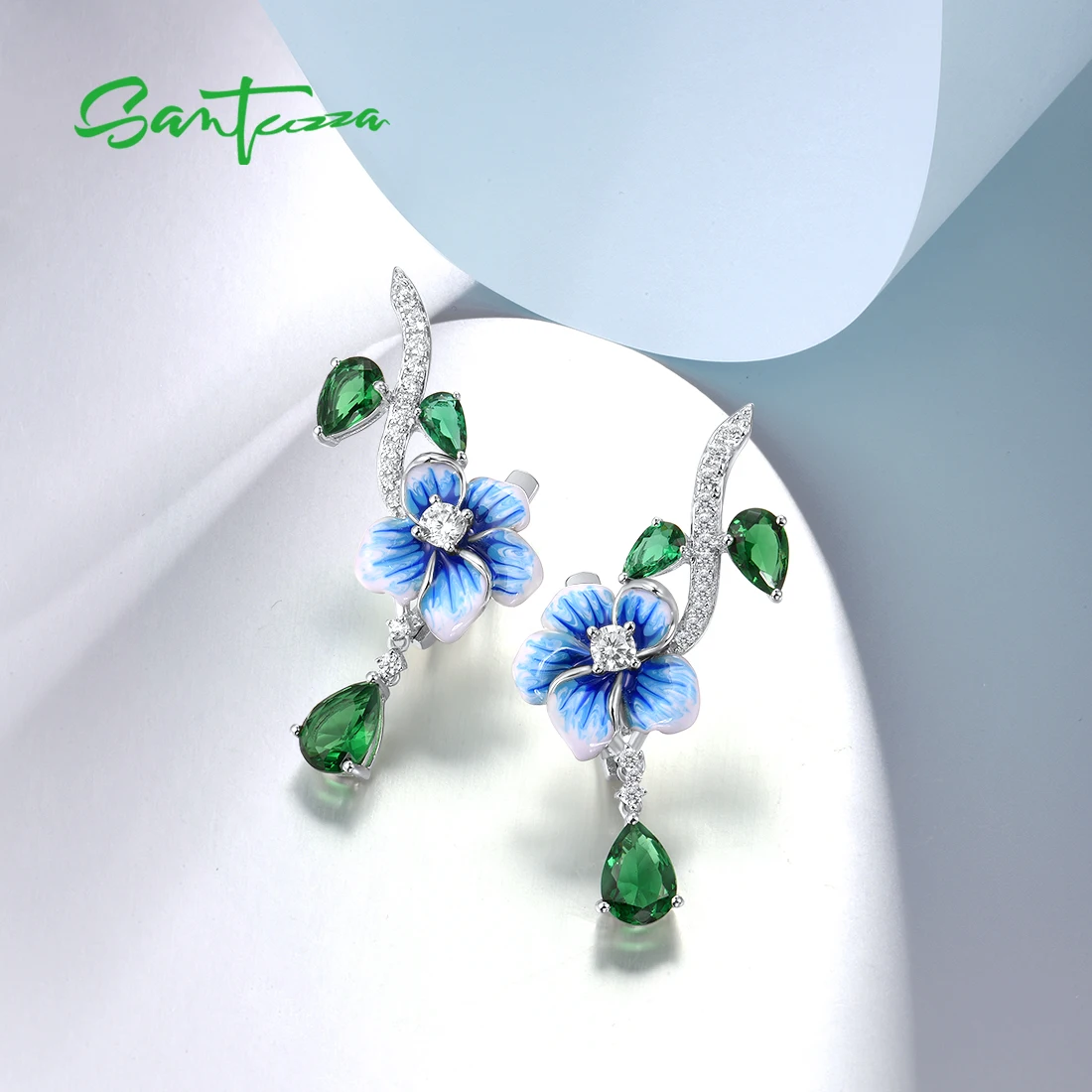 Imagem -04 - Santuzza 925 Brincos de Prata Esterlina para Mulheres Brilhante Pedras Verdes Branco Zircônia Cúbica Flor Azul Esmalte Joias Finas Artesanais