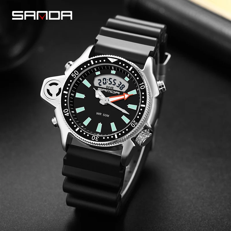 SANDA Men LED Digital Watches Fashion Sport Dual Display Quartz Wristwatch Outdoor Waterproof Military Wristwatches Mens 3008