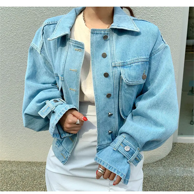 Autumn Students Chic Denim Casual Feminine BF Style Brief Cowboy Office Lady All-Match Fresh Loose Coat Large Size Tops