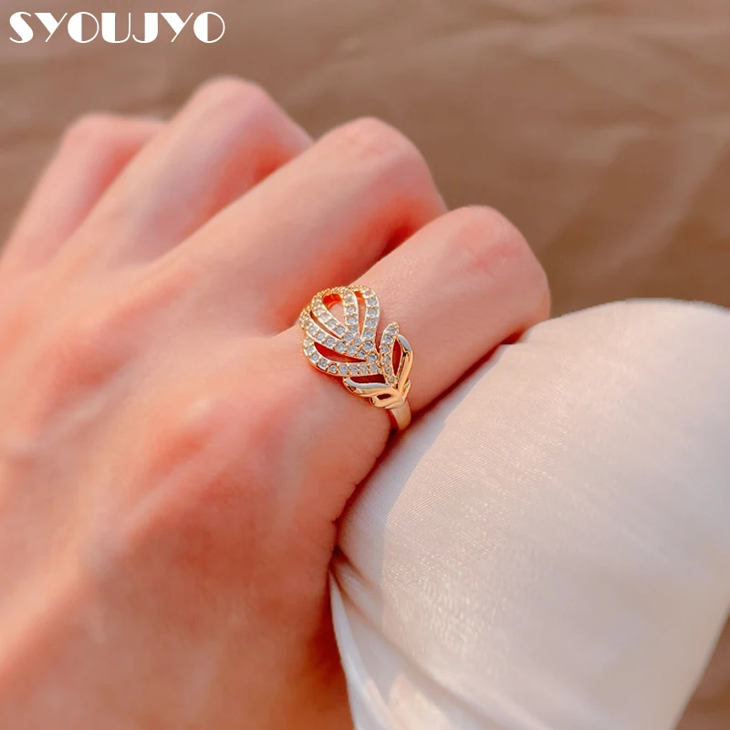 SYOUJYO Luxury Crystal Flower Fashion Rings For Women Elegant Leaf Shape Natural Zircon Rings 585 Rose Gold Color Daily Jewelry