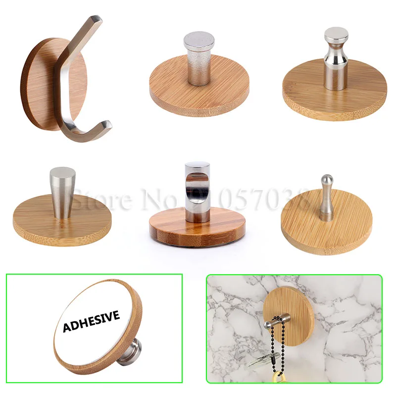 304 Stainless Steel Round Mouth Single Hook, Strong Viscose, Wooden Bottom Hook, Seamless Sticking Firm Bamboo Wood