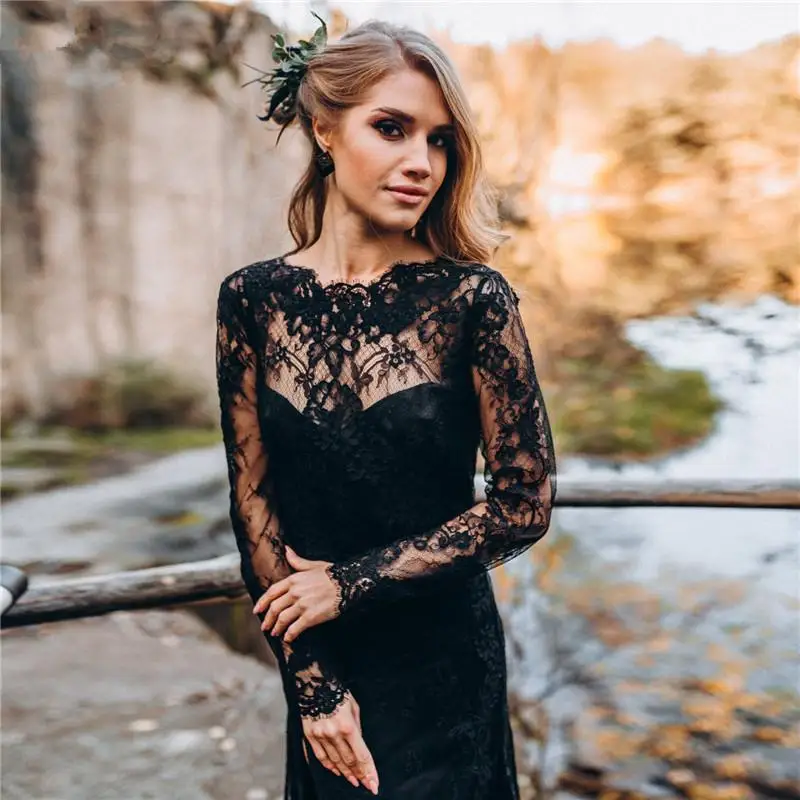 Vestidos de Fiesta de encaje negro de manga larga para mujer, vestidos de sirena con Espalda descubierta, vestidos de noche personalizados, vestido Formal transparente para fiesta, 2022