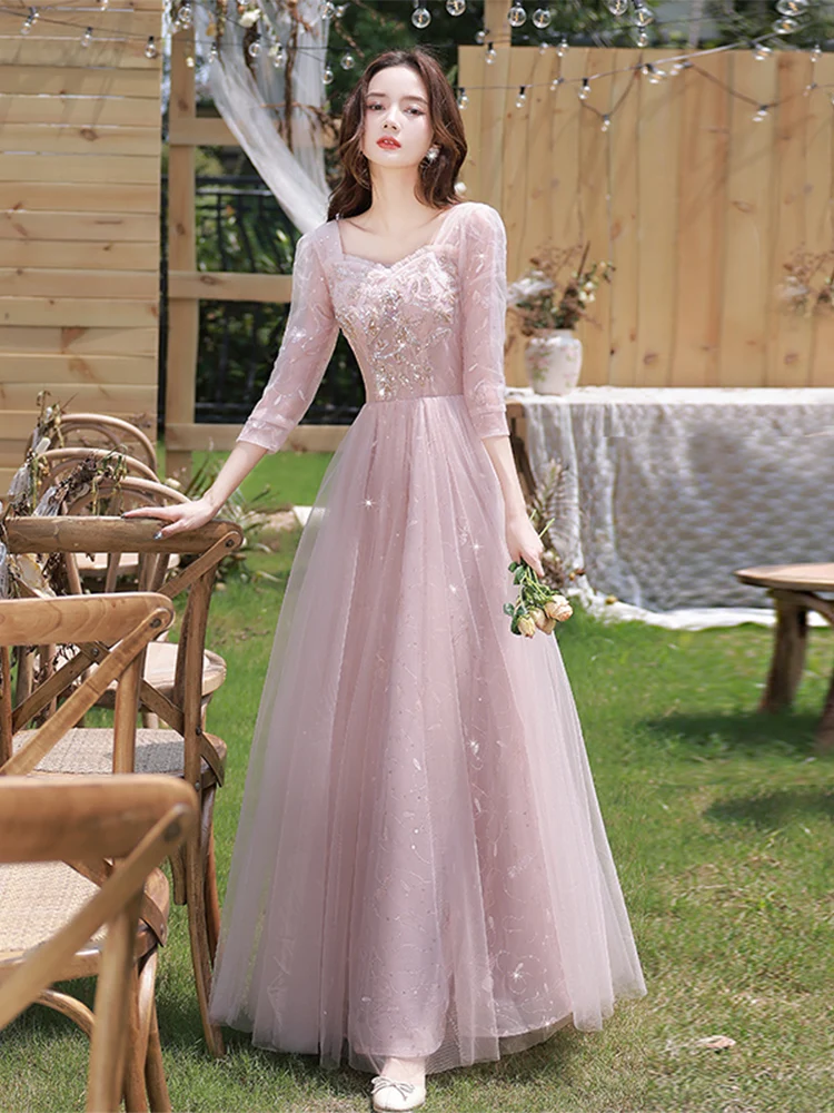 Elegant Pink Tulle Long Women Birthday Party Gowns Sweetheart A-Line Floor-Length Wedding Party Dresses