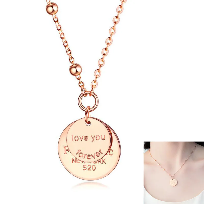 

Classic Eternal Love Double Layer Women's Necklace Plated Rose Gold Round Pendant Girl Clavicle Chain Gift Jewelry