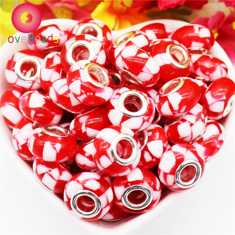 10Pcs Patchwork Red Milk Color Large Hole European Spacer Wasit Beads Fit Pandora Charms Bracelet Bangle Necklace Earrings Craft