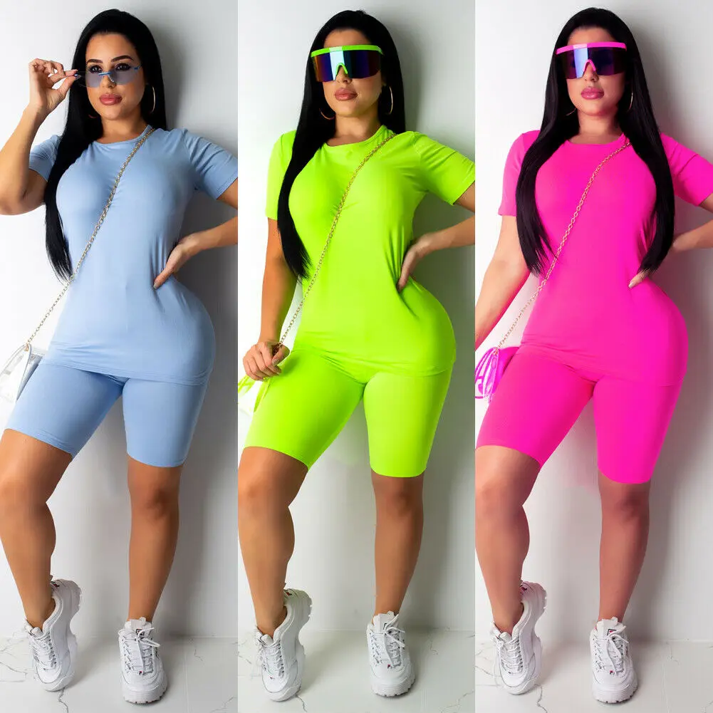 Hirigin 2 Teile/satz Frauen Sport Anzug Neon Top Kurze Hosen Workout Kleidung Trainingsanzug Mode Sommer Outfit Damen Casual 2 PCS set