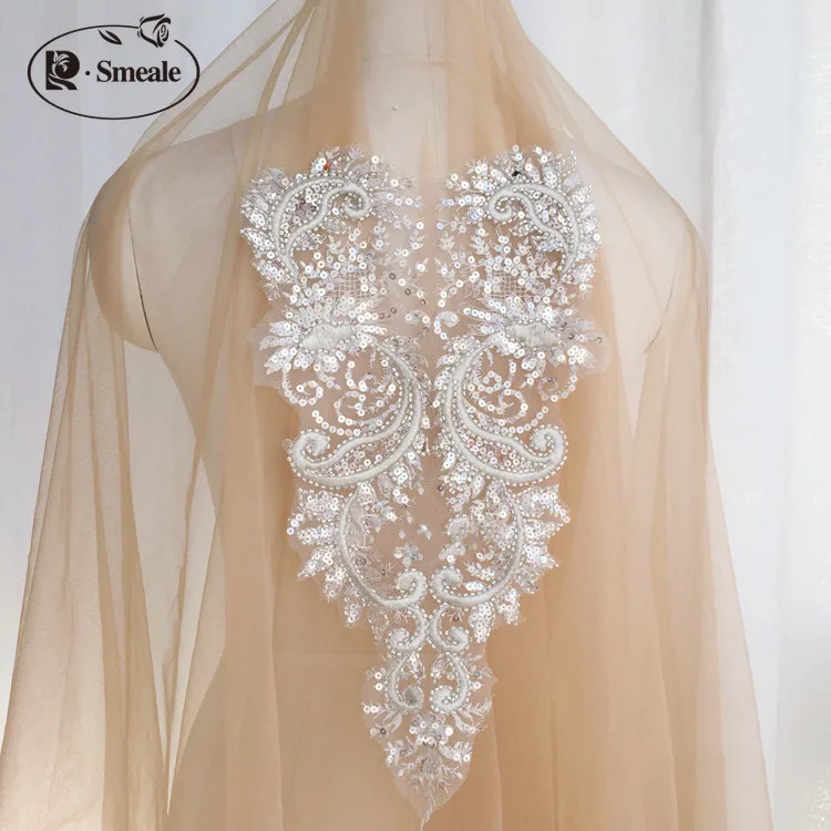 Handmade Beads 3D Wedding Dress Applique, DIY Bridal Headdress, Ivory White Lace Collar, Lace Fabric Patch, RS2522