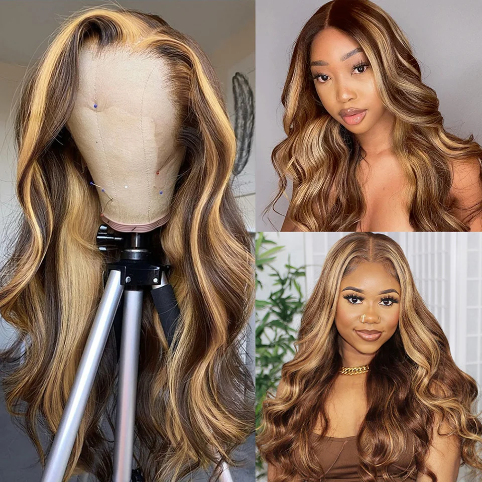 32Inches 13x4 Lace Front Wig 4/27 Highlight 100% Human Hair Body Wave Wig 13x4 Transparent Lace Wigs Pre Plucked For Women