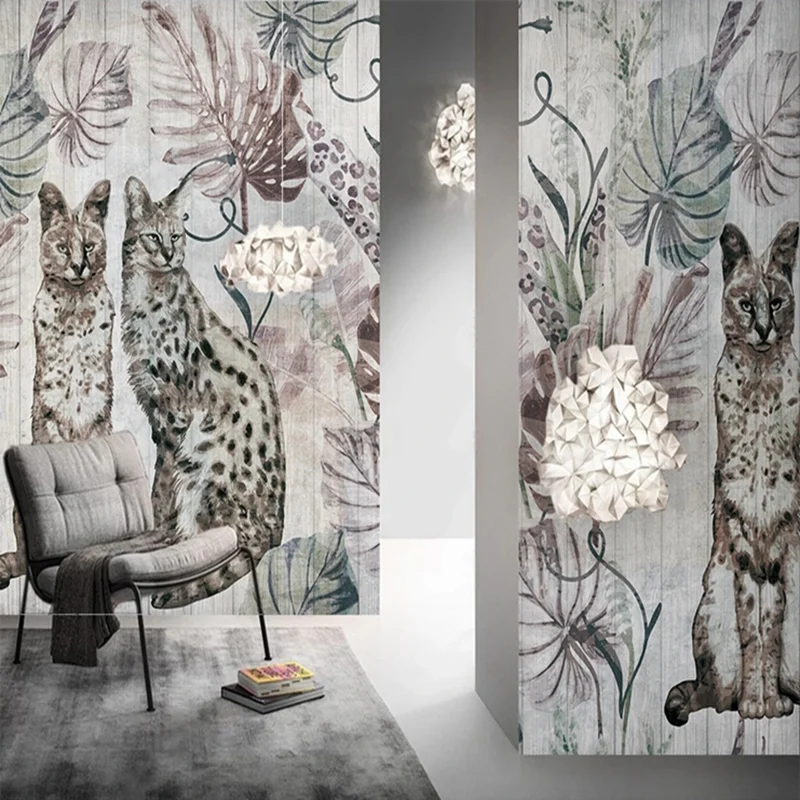 Custom 3D Photo Retro Plants Leaves Animals Cat Leopard Non-woven Mural Wallpaper for Bedroom Living Room Wall Home Decoration