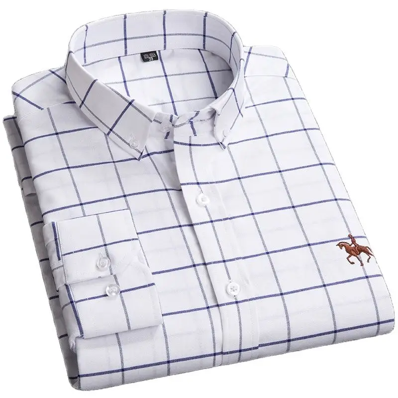 Plus Size 6xl 5xl Men long Sleeve Shirt 100% Cotton Oxford Regular-Fit White Work Man Shirt Fashion Plaid Causal Male Clothes