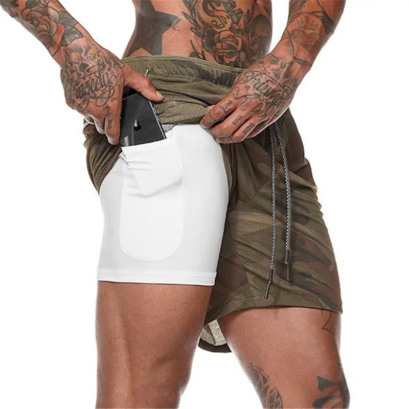 Shorts de sport 2 en 1 pour hommes, à séchage rapide, pour jogging, fitness, entraînement, Gym, été, 2020