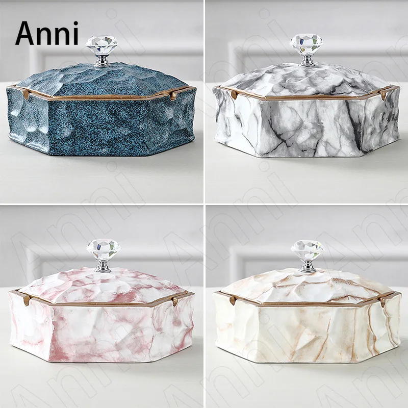

Creativity Marble Texture Ceramic Ashtrays Modern Crystal Embellishment Ashtray Coffee Table Desktop Ornaments Home Decoration