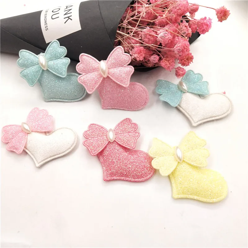 

30pcs/lot 4.5*3.5cm heart with bow padded patches appliques for headwear decoration handmade hair clip accessories