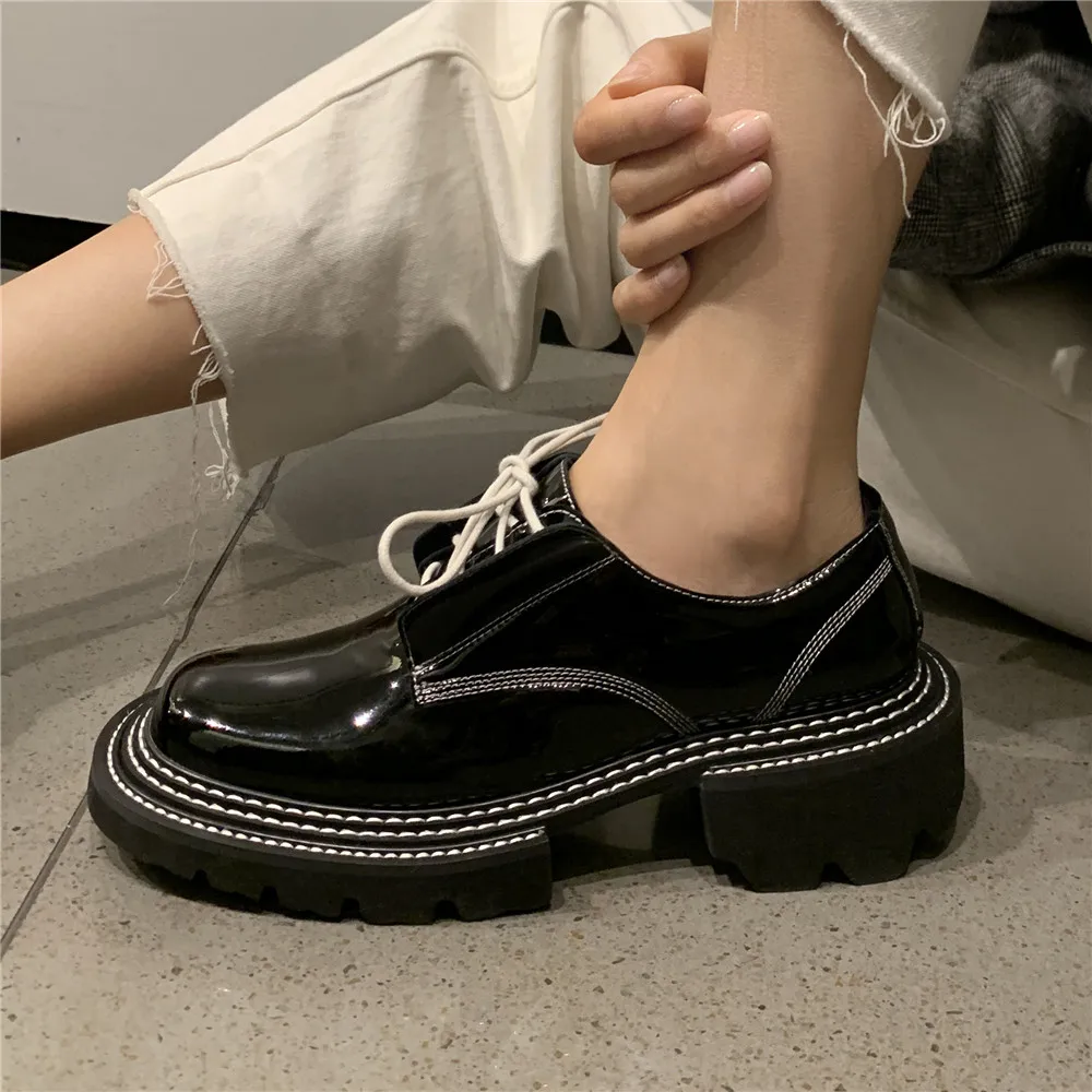 MILI-MIYA New Arrival Thick Heels Women Cow Patent Leather Pumps Lace Up Round Toe Fashion Street Casual Shoes Size 34-42