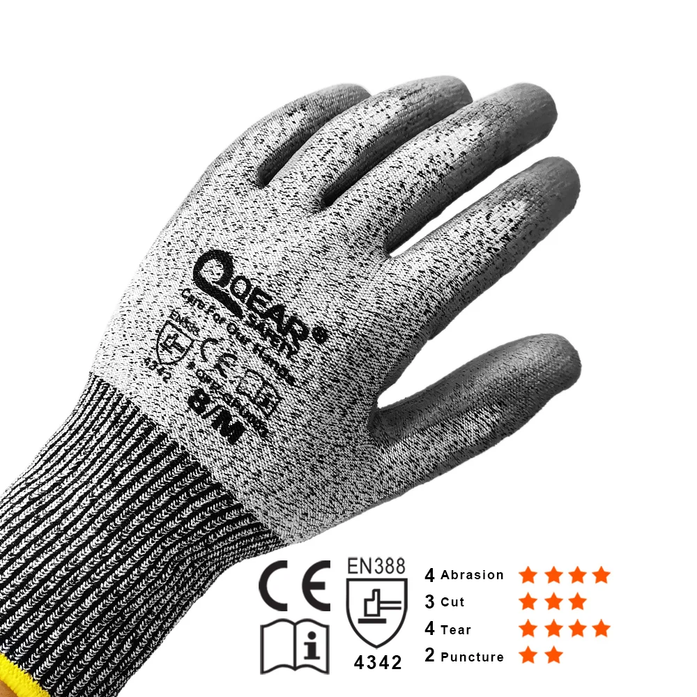 3 Pairs QearSafety Cut 3 HPPE Yarn Work Safety Gloves,Thin PU Palm Coated,Anti-slip,Dexterity Light-Weight, Assembling Jobs