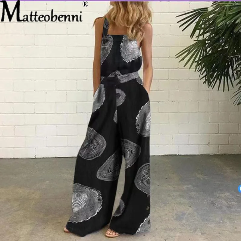 2021 Women Summer Jumpsuit Women Rompers Sexy Sleeveless Wide Leg Printed Overalls Suspenders Pantalon Femme Playsuit