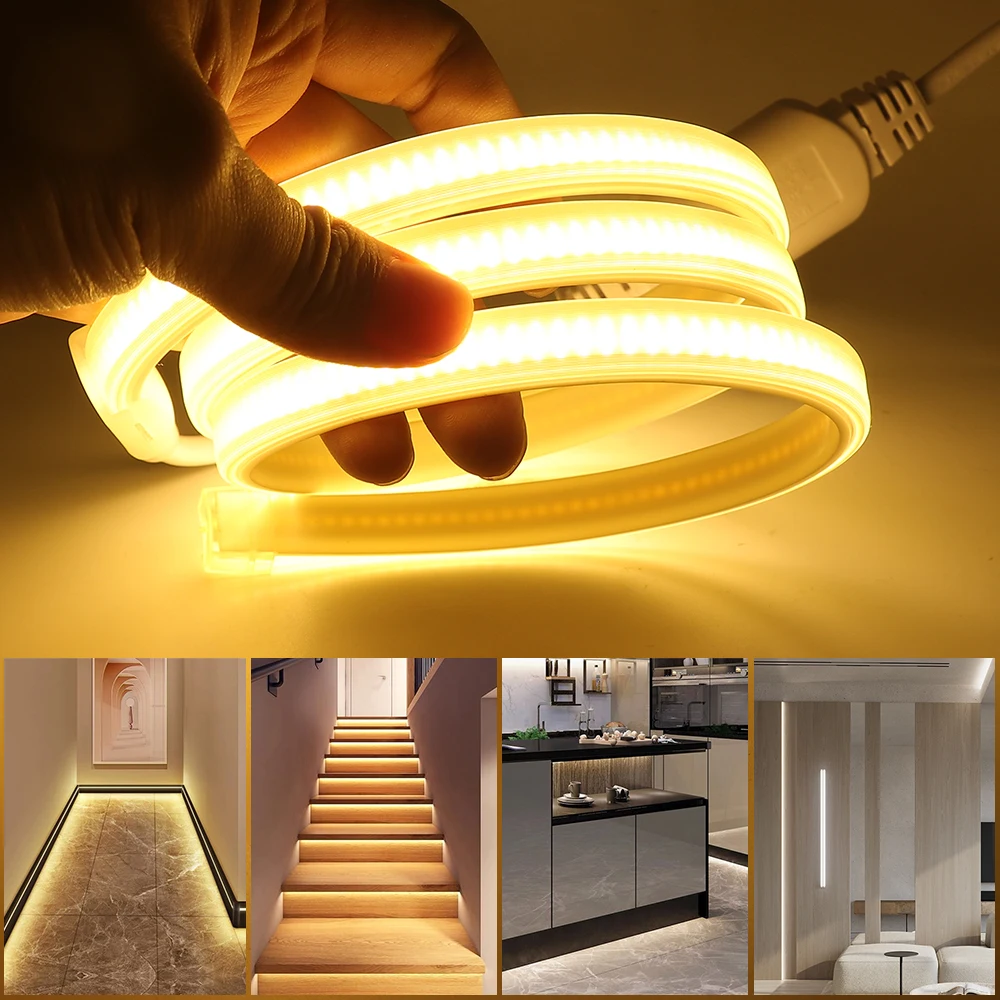 AC 110V 220V COB LED Strip 288LEDs/m High Density Flexible LED Tape For Kitchen COB Light Strip Waterproof Outdoor Garden Light