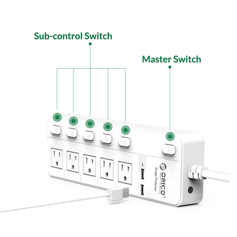 Imagem -02 - Orico 5ac Tomadas Tira de Alimentação Eua Plug Usb 5v 2.1a com Sub-controle Interruptor Extensão Corde Tomada Múltipla Elétrica