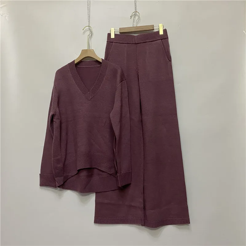 Conjunto de dos piezas de lujo para mujer, 45% Cachemira + 30% Lana, Tops de punto de visón cálido y pantalones de lana de pierna ancha, F2533