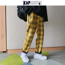 KAPMENTS Streetwear Yellow Plaid Pants Men Joggers 2023 Man Casual Straight Harem Pants Men Korean Hip Hop Track Pants Plus Size