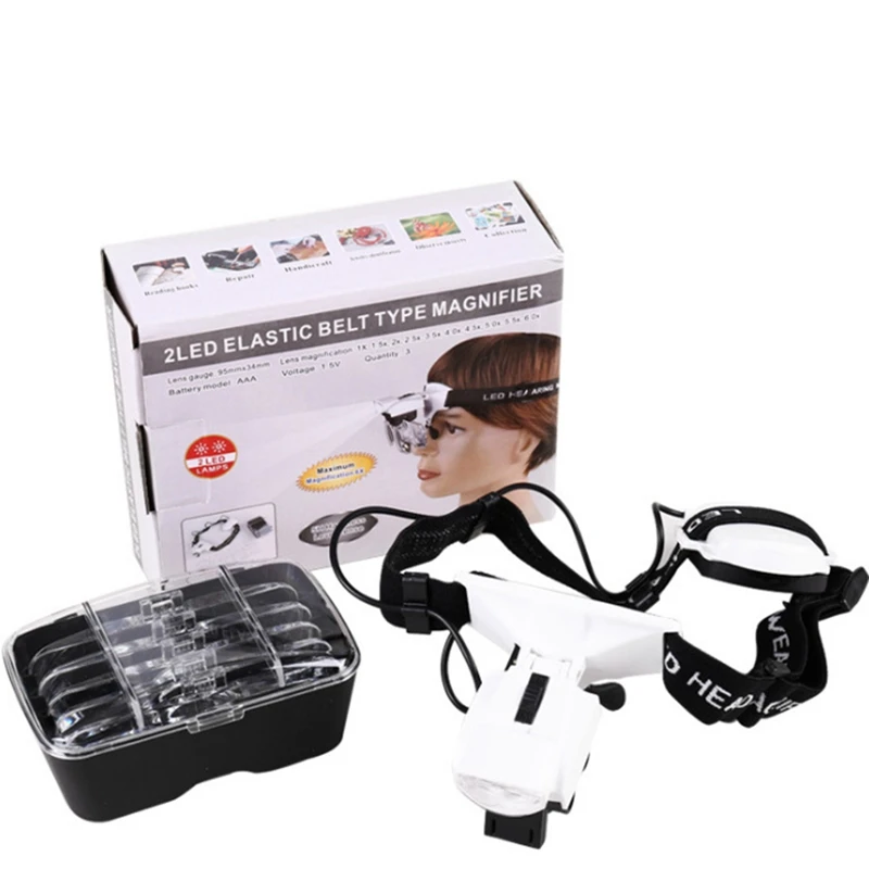 Headband Magnifier with LED Light Illumination Helmet Magnifying Glasses Loup Third Hand for Soldering Tattoos Watch Repair