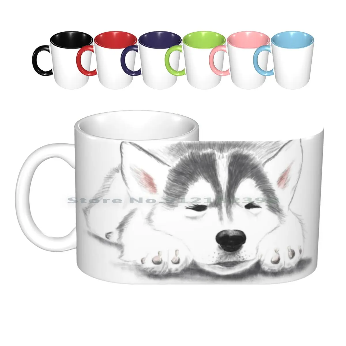 Husky Puppy Ceramic Mugs Coffee Cups Milk Tea Mug Husky Puppy Dog Cute Sketch Animal Sled Dog Huskies Doggo Doggy Pooch Little